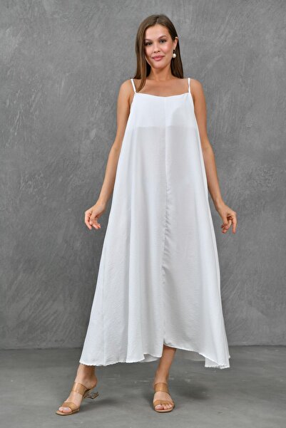 bayansepeti U Collar White Aerobin Midi Dress - Adjustable Strap Detail 3378