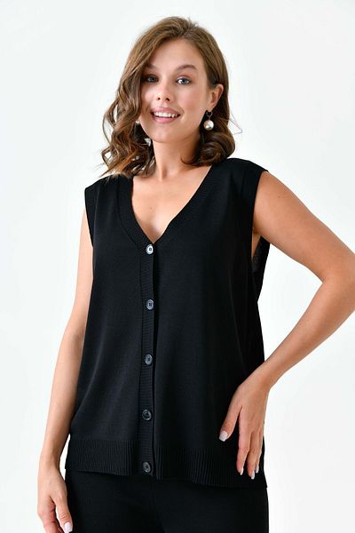 lovebox V-Neck Sleeveless Vest and High Waist Wide Leg Black Knitwear Set - Women 103