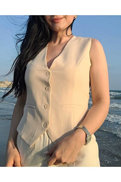 NEVEGE BUTİK V-Neck Women's Vest - Woven Lined and Buttoned, Short - Cream111
