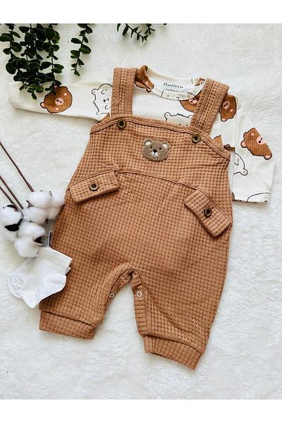 NAFİTTO Baby Boy Waffle Salopet - Punch Teddy Bear Embroidered, Socks