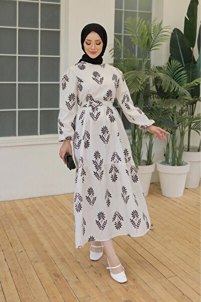 BBS Λινό Φόρεμα Hijab - Μαύρο Μοτίβο Κλαδιών, Επίπεδο (130) cm