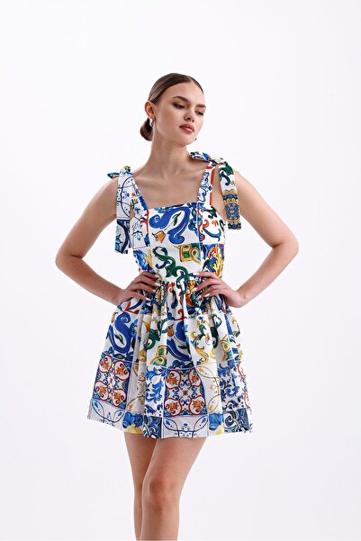 Tangül&Ali'S Moda Evi Mavi Desenli Keten Mini Elbise