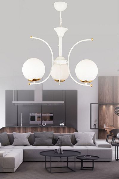 KARDELEN AYDINLATMA AVİZE Bade White 3-Piece White Globe Glass Up-Facing ثريا فاخرة حديثة