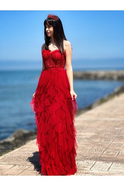 stargate Kırmızı Straplez Kat Kat Kına Elbisesi