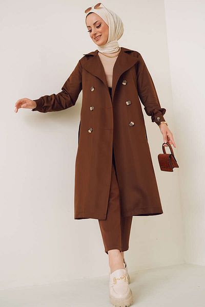 Bigdart T5853 Μοντέλο Καφέ Hijab Trench Coat - Διπλό γιακά