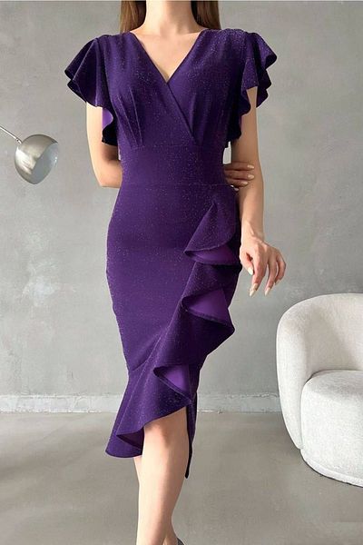 bayansepeti Rochie de seară de damă, mov, argintiu, cu guler dublu, cu volan, 121