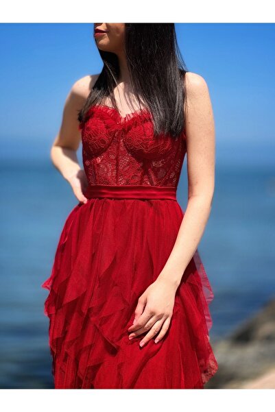 stargate Kırmızı Straplez Kat Kat Kına Elbisesi