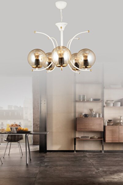 Genel Markalar Bade Beyaz 5'li Bal Glop Camlı Yukarı Bakan Modern Lüks Avize