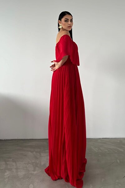 bayansepeti Red Lined Chiffon Fabric Strapless Collar Pleat Design Maxi Dress582848