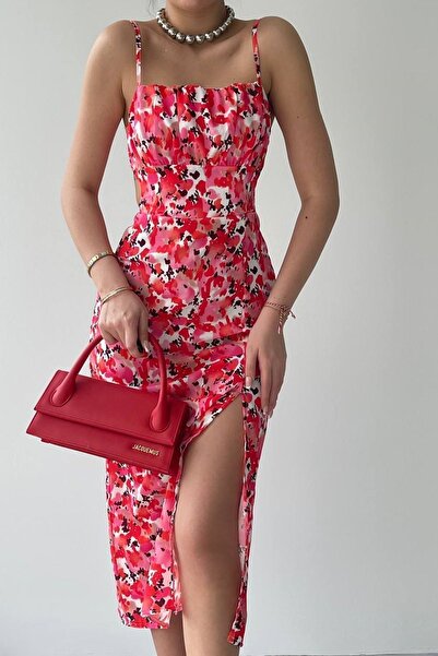 bayansepeti Crvena Cvetni dezen midi haljina sa vezanjem na leđima i detaljim...