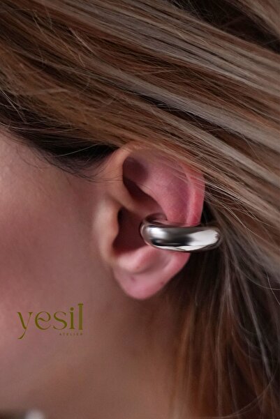 Yesil Atelier Kadın Tasarım Büyük Ear cuff Gold ve Gümüş Rekli Çelik Küpe