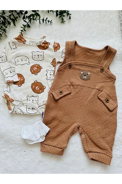 NAFİTTO Baby Boy Waffle Salopet - Punch Teddy Bear Embroidered, Socks