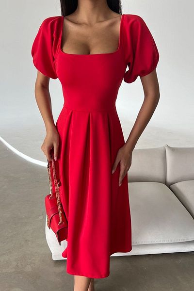 bayansepeti Rochie midi evazată din țesătură roșie pentru scufundări, cu decolteu pătrat, cu mâneci cu balon 582613