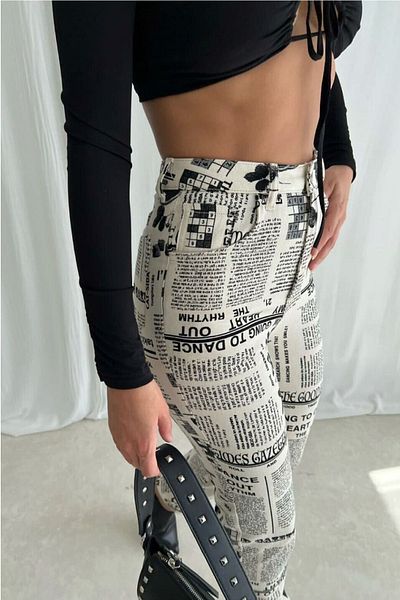 bayansepeti Newspaper Print Design Stylish Design High Waist Pocket Detailed Trousers 194