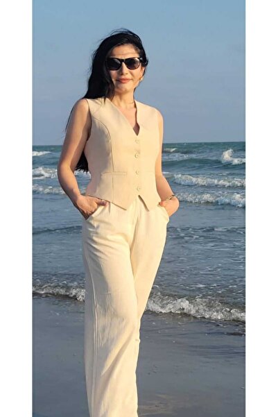 NEVEGE BUTİK V-Neck Women's Vest - Woven Lined and Buttoned, Short - Cream111