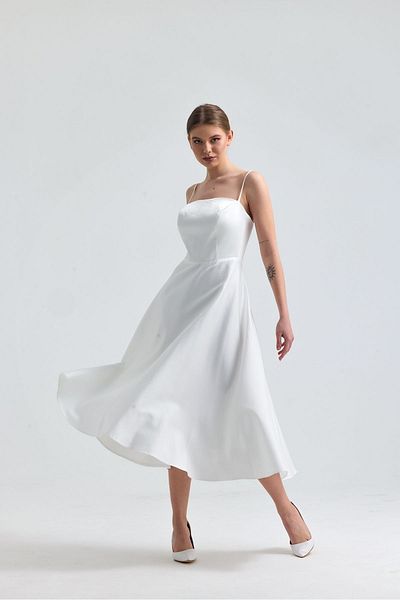 Tangül&Ali'S Moda Evi White Satin Thin Strap Midi Dress