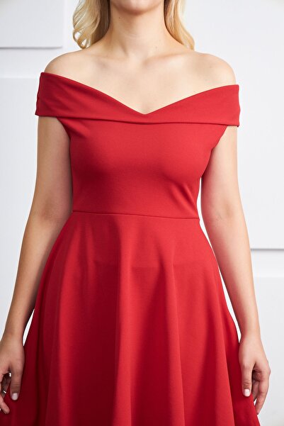 lovebox Kadın Esnek Scuba Krep Kumaş Madonna Yaka Kloş Kırmızı Abiye Elbise 079