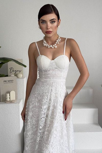 lovebox Λευκό Midi Sling Βραδινό Φόρεμα - Σχέδιο Guipure, Δαντελένιο Ύφασμα, Επένδυση στήθους 271