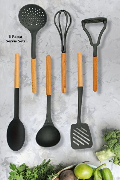 AzzaWood Ahşap Saplı 6'lı Servis Seti Siyah Renk Plastik
