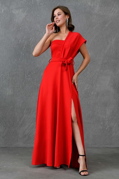 bayansepeti Tesatura elastica de scufundare - Rochie maxi rosie cu un singur umar si cu curea582754