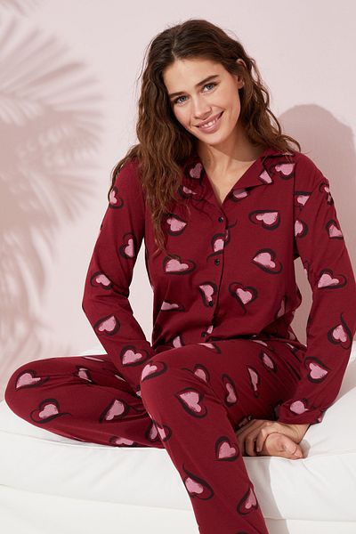 Siyah İnci Set de pijamale din bumbac, cu model de inimă mare, roz burgundă