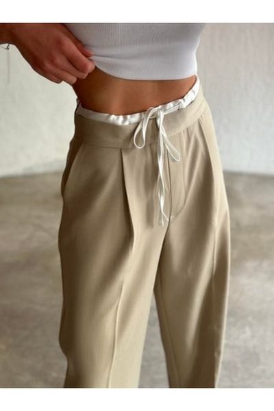My Blog Stone Color Trousers with Thin Waistband and Side Zipper
