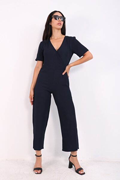 Modark Navy Blue Double-breasted Collar Spanish Leg Jumpsuit - Short Sleeve