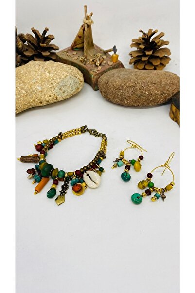 Porsuk Alternatif El Yapımı Etnik Otantik Bohem Hippi Doğal Taş Bileklik Küpe...