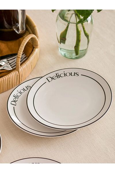 LC Waikiki طبق كيك سيراميك مقاس 20 سم من LCW HOME - مطبوع عليه نص، مجموعة من 4 قطع