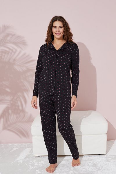 Siyah İnci Cotton Black and Pink Polka Dot Patterned Buttoned Pajamas Set