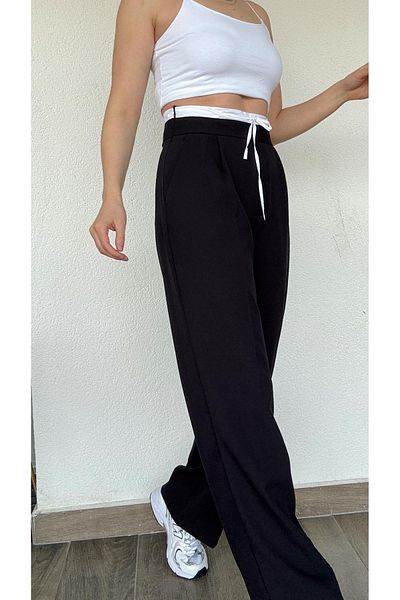 My Blog Black Thin Waist Band Detailed Side Zipper Trousers - 3340