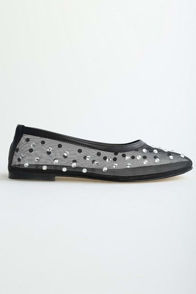 Shoeberry Dámské denní baleríny Black Danty Mesh Stoned