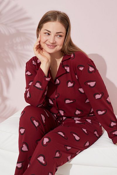 Siyah İnci Large Size Oversize Buttoned Cotton Pajama Set - Burgundy Pink, Heart Patterned Curve
