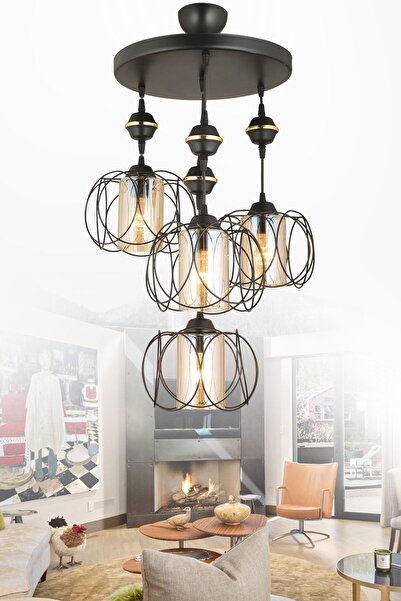 KARDELEN AYDINLATMA AVİZE Sarkıt Siyah 4'lü Safir Aşağı Bakan Lüks Avize