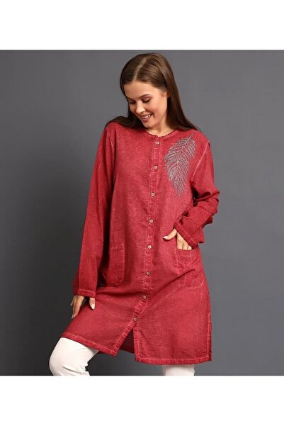 NUR TEKSTİL kadın kiremit %100 Pamuk Şile Bezi ve Taş işlemeli  yıkama gömlek...