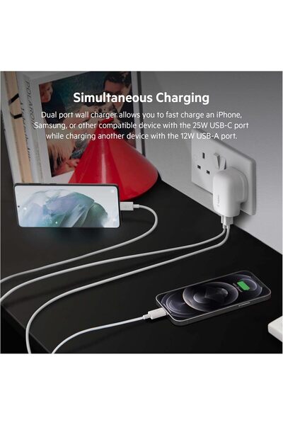 Belkin 37W USB-C PPS PD Dual Port Charger, 25W USB-C & 12W USB-A for Fast Charging Samsung,iPhone 14 & More