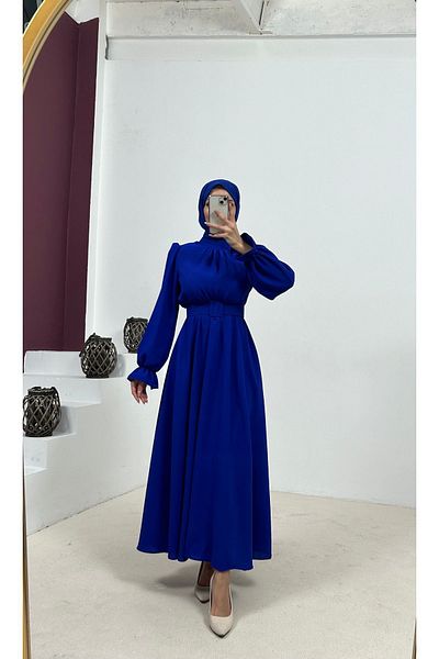 Swana Belt Detailed Crepe Fabric Hijab Dress-sake
