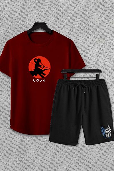 aynewmoda Levi Attack on Titan Anime Patterned Unisex Shorts and T-Shirt Set