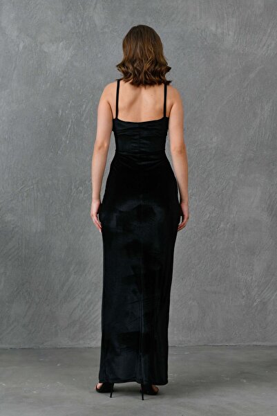 bayansepeti Μαύρο Maxi Velvet Φόρεμα - Διπλό στήθος γιακά και λεπτομέρεια με σκίσιμο, λουράκι582689
