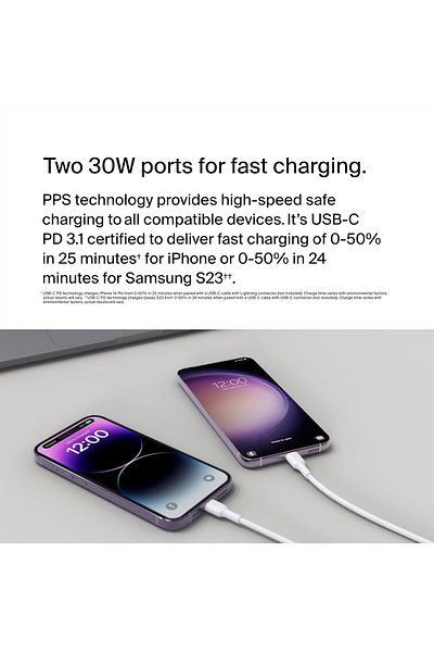 Belkin BoostCharge 60W Dual USB-C PPS Charger for iPhone 15, iPad, Galaxy, Pixel, MacBook - White