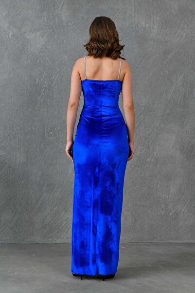 bayansepeti Saks Blue Stone Strap Maxi Dress - Chest Low Cut and Slit Detail582335