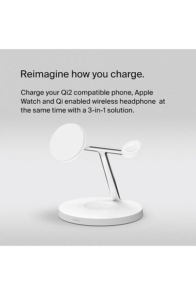Belkin BoostCharge Pro 3-in-1 Qi2 Wireless Charger for iPhone 15-12, Apple Watch, AirPods, 15W - White