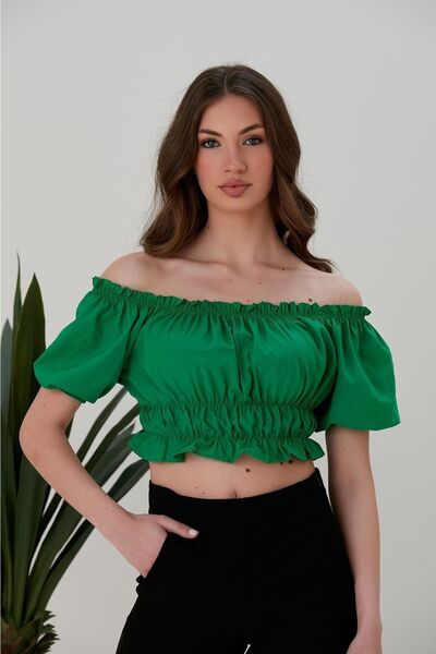 lovebox Жіноча еластична поплінова тканина, комір Мадонна, короткі рукави, зелена коротка блуза 1183