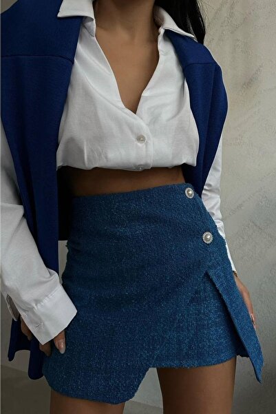 bayansepeti Fusta cu fante pentru femei Saks Stone Button 5389