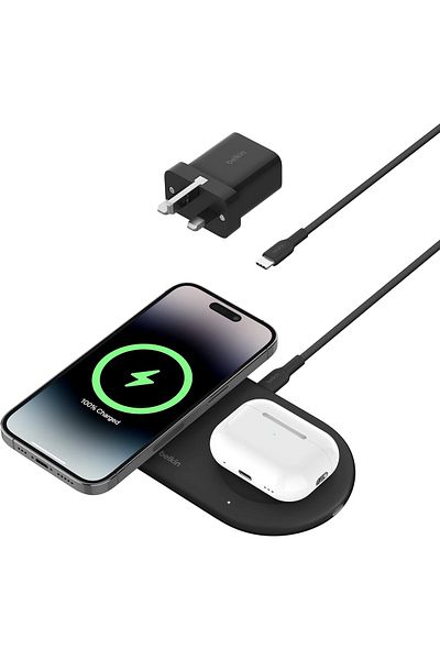 Belkin BoostCharge Pro 2-in-1 15W Magnetic Qi2 Wireless Charging Pad for iPhone 15, AirPods, MagSafe -Black