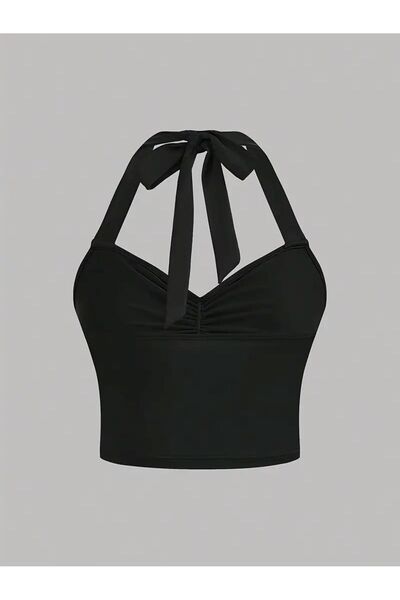 Wild Flower Black Crop Top for Spring and Summer - Front Drawstring and Backless
