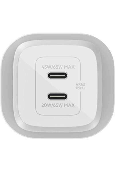 Belkin 65W Dual USB-C Wall Charger, PD 3.0 with GaN for iPhone 15/14/13, iPad, MacBook, Galaxy S24 - White