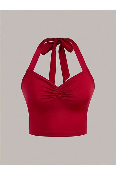 Wild Flower Red Open Back Front Drawstring Crop Top for Spring and Summer