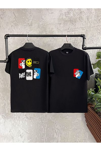 BİKOMBİNE Tricou negru pentru bărbați cu imprimeu dublu față Avasome