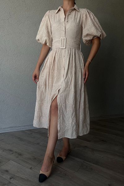 Seda Yalçın Atelier Beige Embroidery Dress - Balloon Sleeve and Pleat Detailed Belt